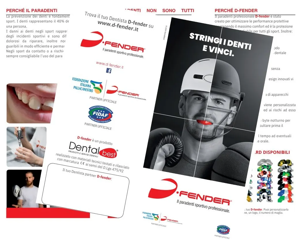 Flyer e brochure D-Fender per le società sportive, con il visual “Stringi i denti e vinci.” e i loghi dei partner federali