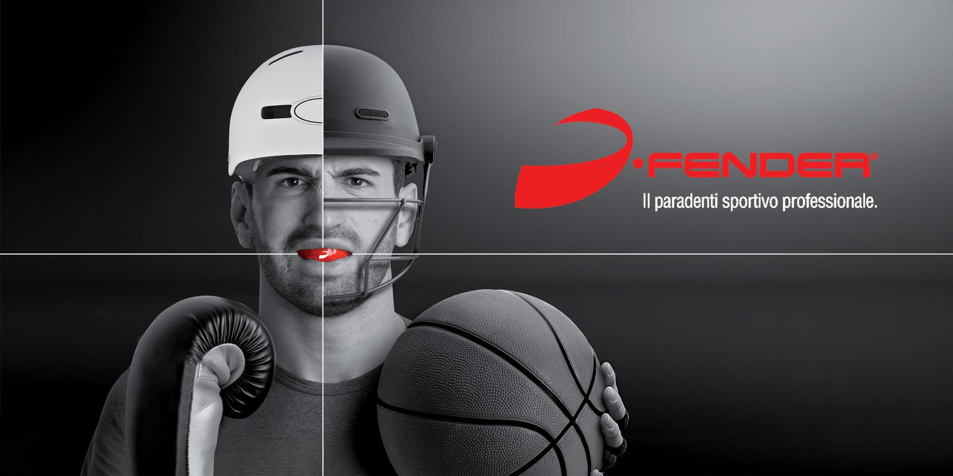 Atleta diviso a metà tra più sport, con casco, guantone da boxe e pallone da basket, che indossa un paradenti D-Fender rosso. D-Fender, il paradenti sportivo professionale.