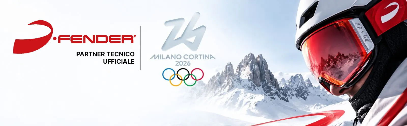 D-Fender partner tecnico ufficiale di Milano Cortina 2026: sciatore con maschera rossa davanti alle Dolomiti innevate